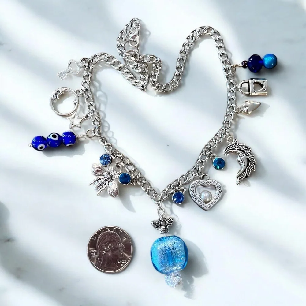 Fun and Pretty Silver and Blue Toned Charm Necklace Vintage and New Charms